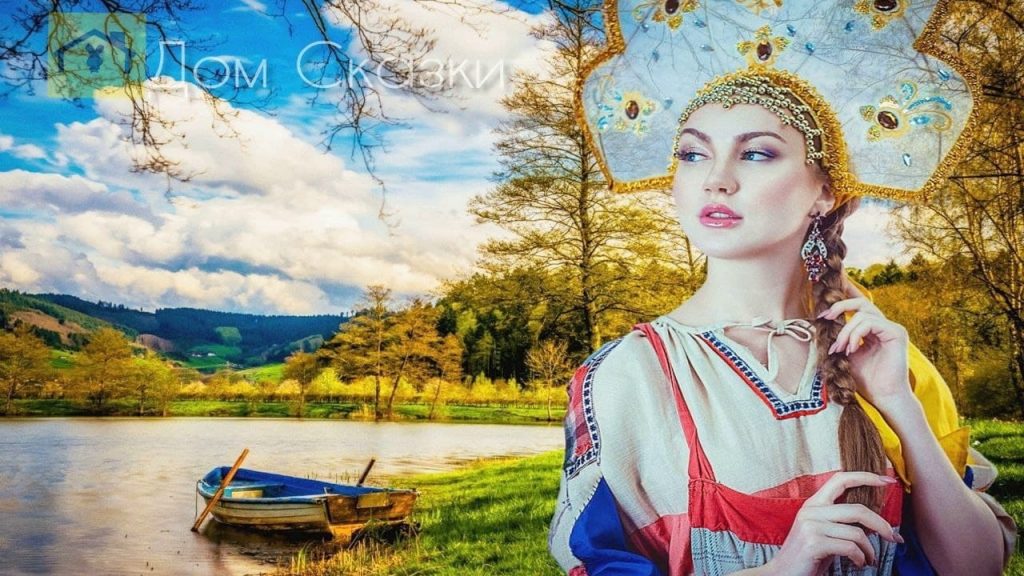 Сказка про ягу, возле реки стоит девушка с длинной русой косой в национальном славянском костюме.