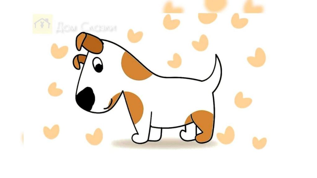 Картинка из произведения "Сказка про собаку" с нарисованным щеноком в коричневых пятнышках на теле, верху падает дождь из сердечек.