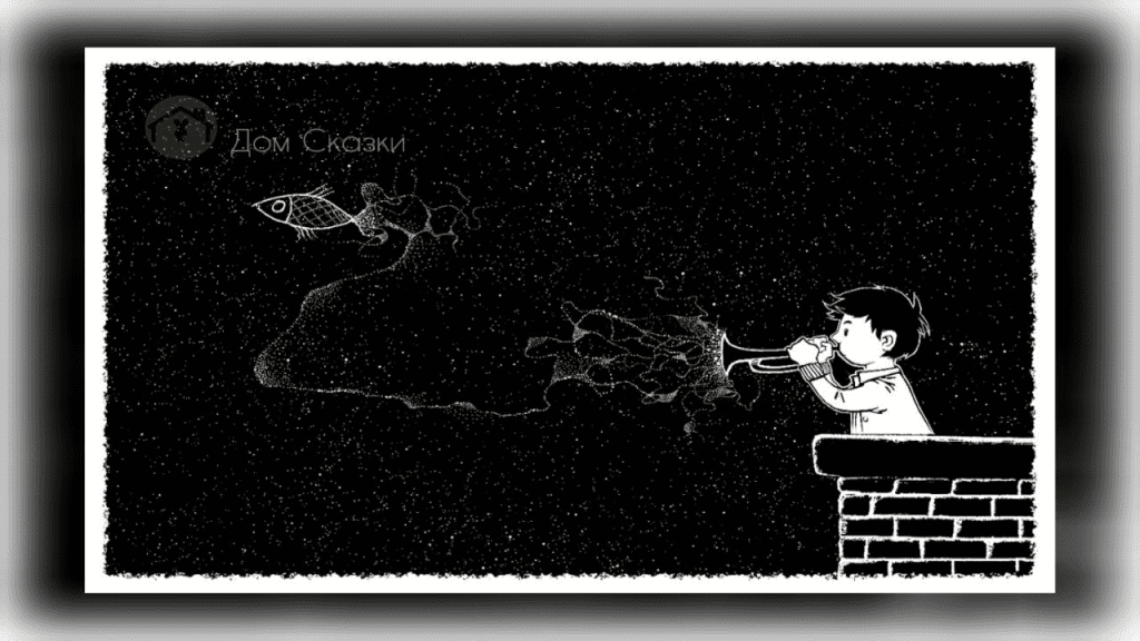 Домовёнок, мальчик стоит на крыше и смотрит в ночном небе на звёзды через подзорную трубу. Прямо перед ним созвездие рыб.
