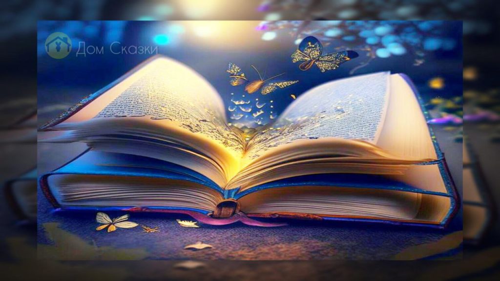 Сказка, волшебная, магическая книга, лежит раскрытая. Из неё исходит золотистое сияние и летят в разные стороны красивые мотыльки.