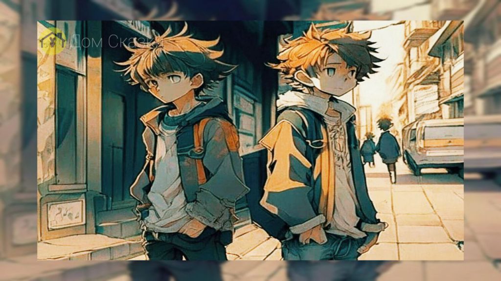Аниме два мальчика подростка стоят на городской улице, спинами друг к другу. Руки в карманах.